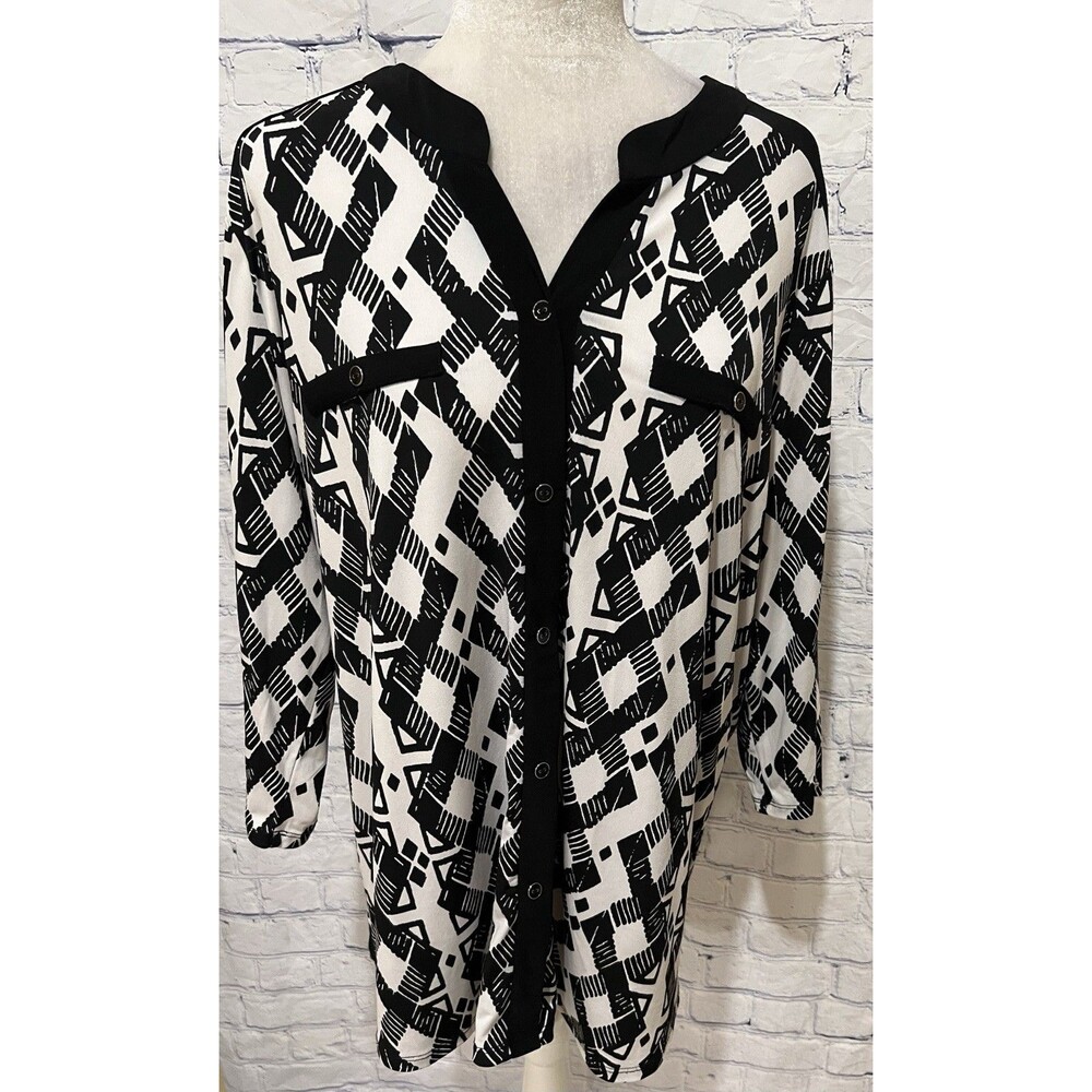 Elie McCarthy Womens Top Black White Buttondown Geometric Blouse Plus-size 2X